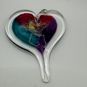 Luke Adams Glass|5.5”x4.25” Glass Heart Handmade Suncatcher Garden Accent